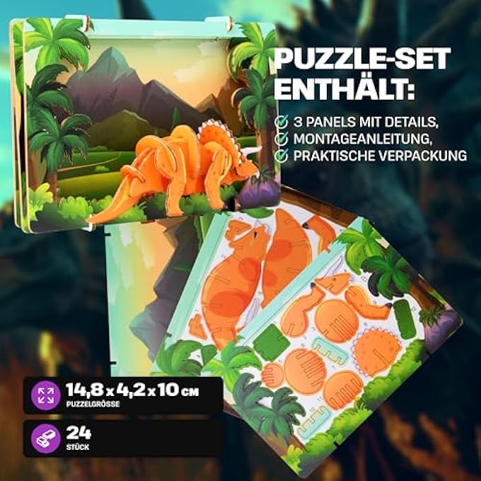 TRICERATOPS - TRICERATOPS 3D PUZZLE - DIY WOODEN ANIMAL PUZZLE - 3D PUZZLE FOR CHILDREN - CHILDREN'S WOODEN CRAFT SET - BRAIN TEASER WOODEN PUZZLE - TOY GIFTS FOR CHRISTMAS - Image 3